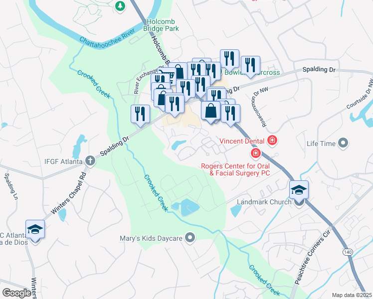 map of restaurants, bars, coffee shops, grocery stores, and more near 6509 Deerings Lane in Norcross