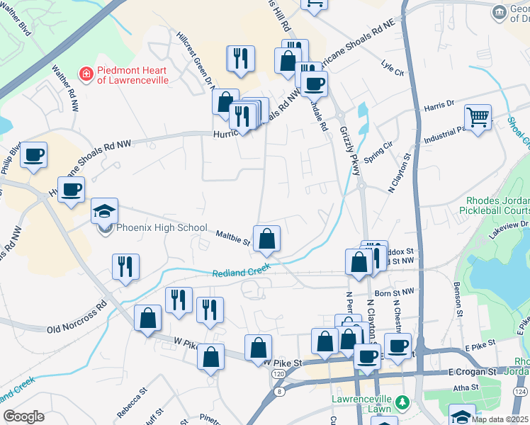 map of restaurants, bars, coffee shops, grocery stores, and more near 72 Curtis Road in Lawrenceville