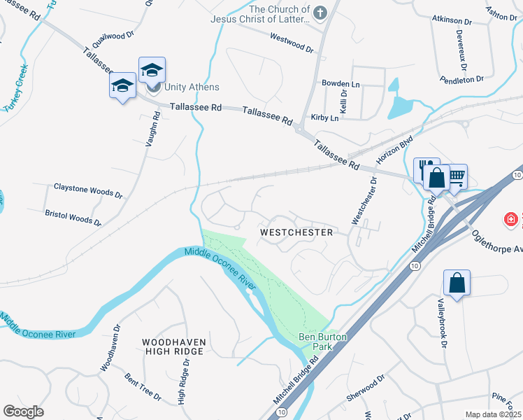 map of restaurants, bars, coffee shops, grocery stores, and more near 102 Lake Drive in Athens