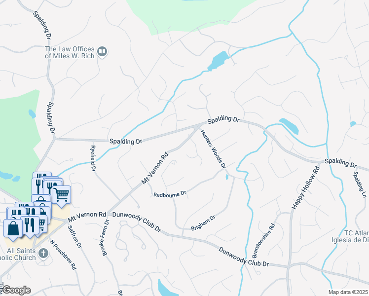 map of restaurants, bars, coffee shops, grocery stores, and more near 125 Knightsridge Court in Atlanta