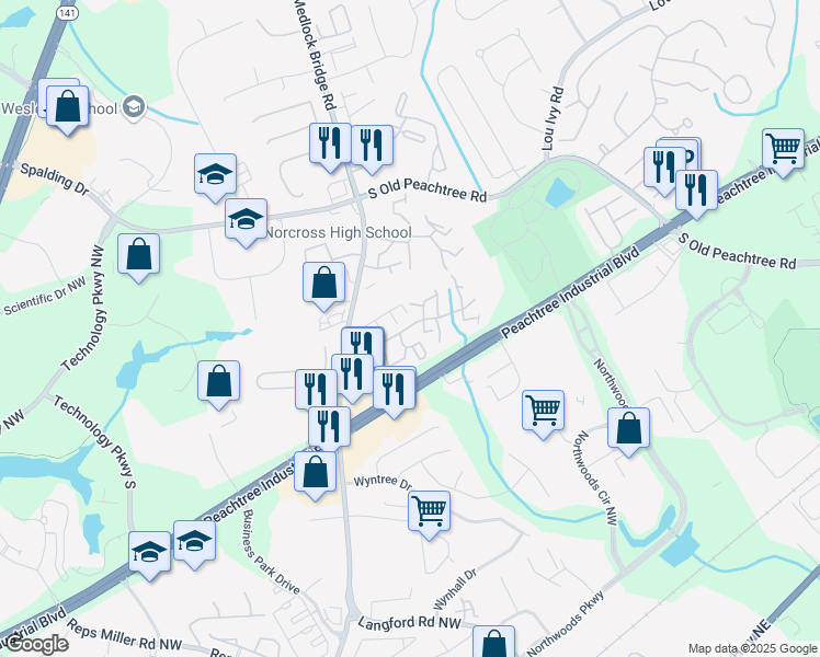 map of restaurants, bars, coffee shops, grocery stores, and more near 3327 Country Club Village Lane in Peachtree Corners