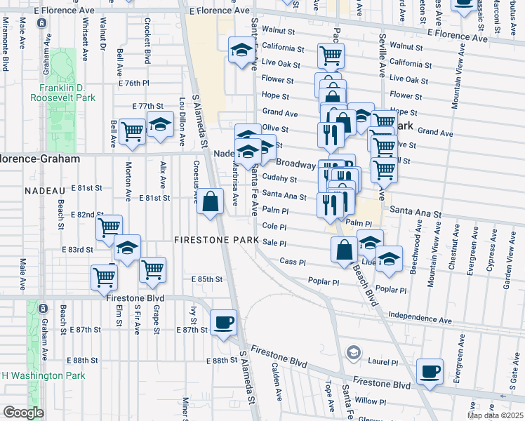 map of restaurants, bars, coffee shops, grocery stores, and more near 2406 1/2 Palm Place in Huntington Park
