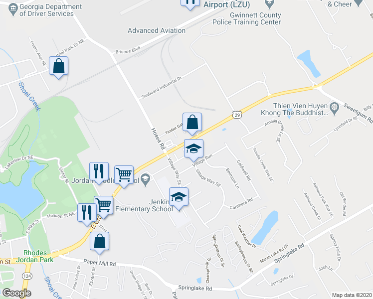 map of restaurants, bars, coffee shops, grocery stores, and more near 53 Providence Oak Court Southeast in Lawrenceville