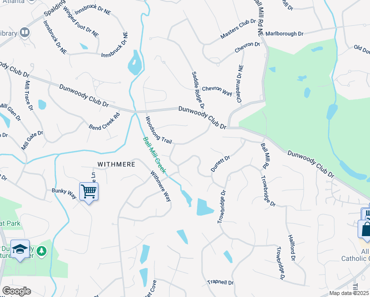 map of restaurants, bars, coffee shops, grocery stores, and more near 5545 Woodsong Trail in Dunwoody