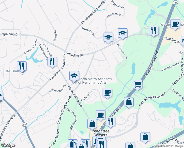 map of restaurants, bars, coffee shops, grocery stores, and more near 3635 Monticello Commons in Norcross