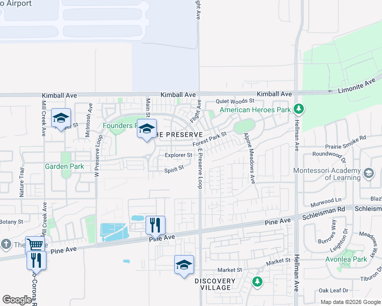 map of restaurants, bars, coffee shops, grocery stores, and more near 8466 Explorer Street in Chino