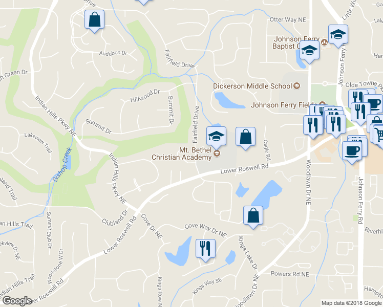 map of restaurants, bars, coffee shops, grocery stores, and more near 649 Fairfield Drive in Marietta
