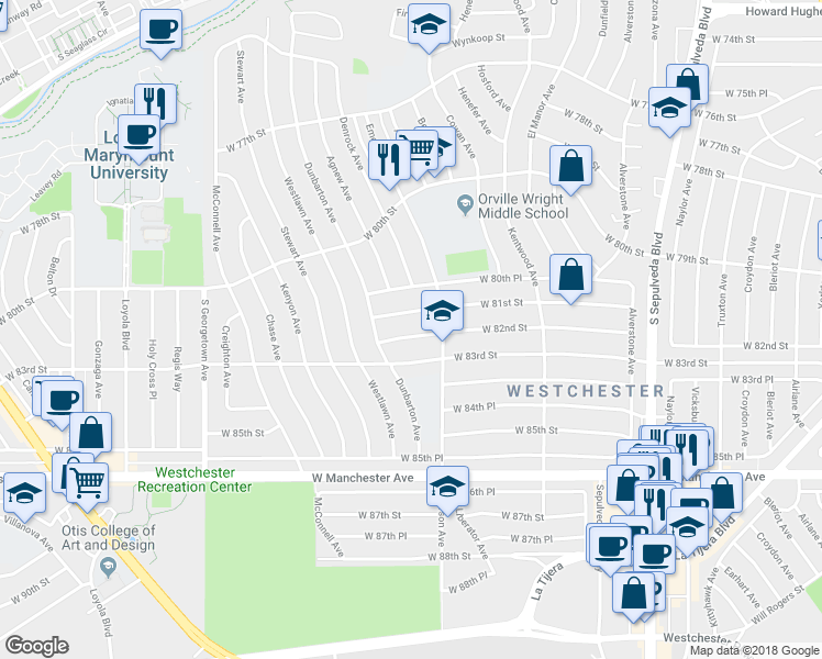 map of restaurants, bars, coffee shops, grocery stores, and more near 6633 W 82nd St in Los Angeles