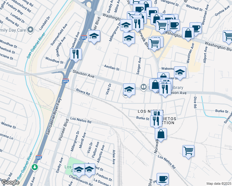 map of restaurants, bars, coffee shops, grocery stores, and more near 8602 Flallon Avenue in Whittier