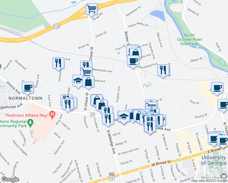 map of restaurants, bars, coffee shops, grocery stores, and more near 148 Virginia Avenue in Athens