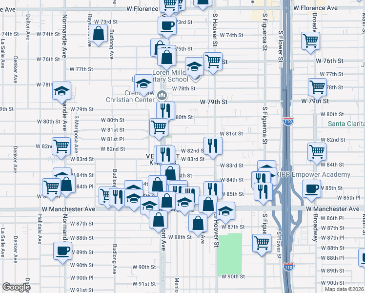 map of restaurants, bars, coffee shops, grocery stores, and more near 921 West 82nd Street in Los Angeles
