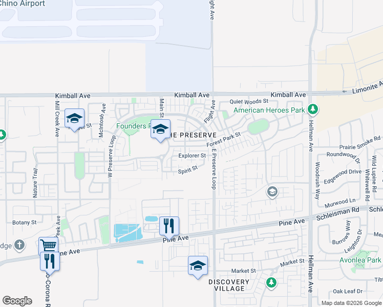 map of restaurants, bars, coffee shops, grocery stores, and more near 8416 Explorer Street in Chino