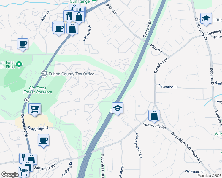 map of restaurants, bars, coffee shops, grocery stores, and more near Tree Lodge Parkway in Sandy Springs