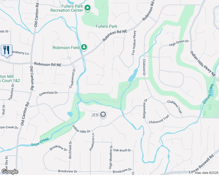 map of restaurants, bars, coffee shops, grocery stores, and more near 3433 Greenfield Drive in Marietta