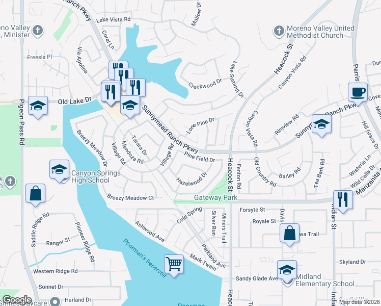 map of restaurants, bars, coffee shops, grocery stores, and more near 23844 Pine Field Drive in Moreno Valley