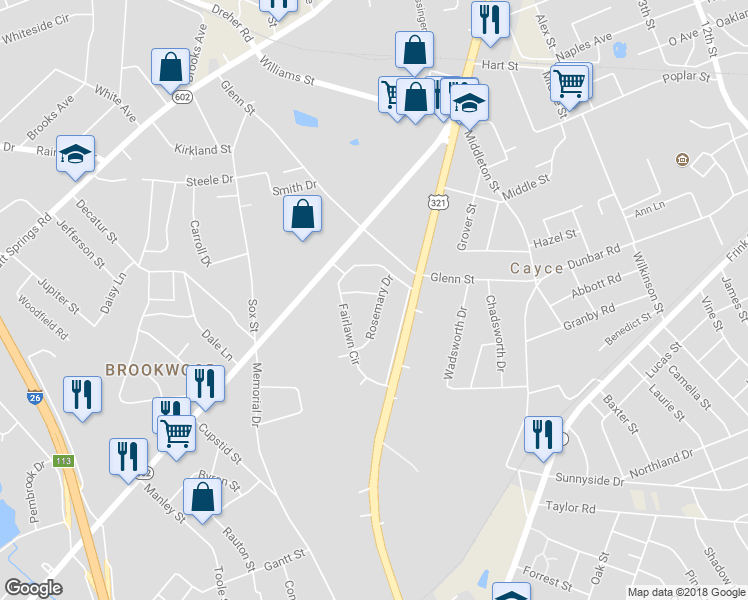 map of restaurants, bars, coffee shops, grocery stores, and more near 1801 Evelyn Street in Cayce