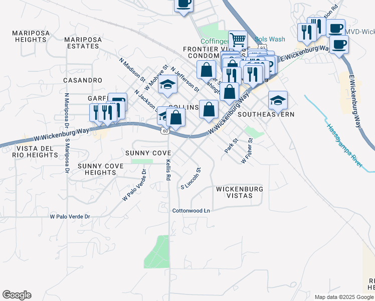 map of restaurants, bars, coffee shops, grocery stores, and more near 65 North Lincoln Street in Wickenburg