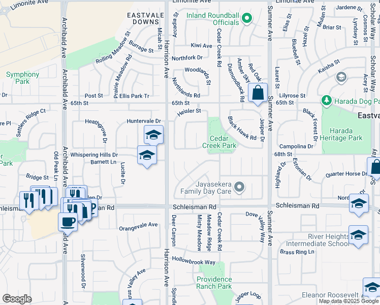 map of restaurants, bars, coffee shops, grocery stores, and more near 13707 Woodside Street in Corona