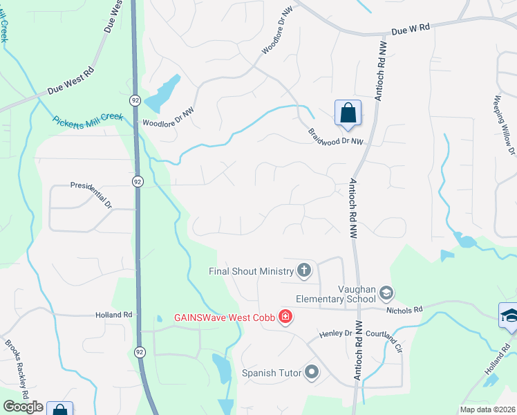 map of restaurants, bars, coffee shops, grocery stores, and more near 5994 Chinook Court Northwest in Powder Springs