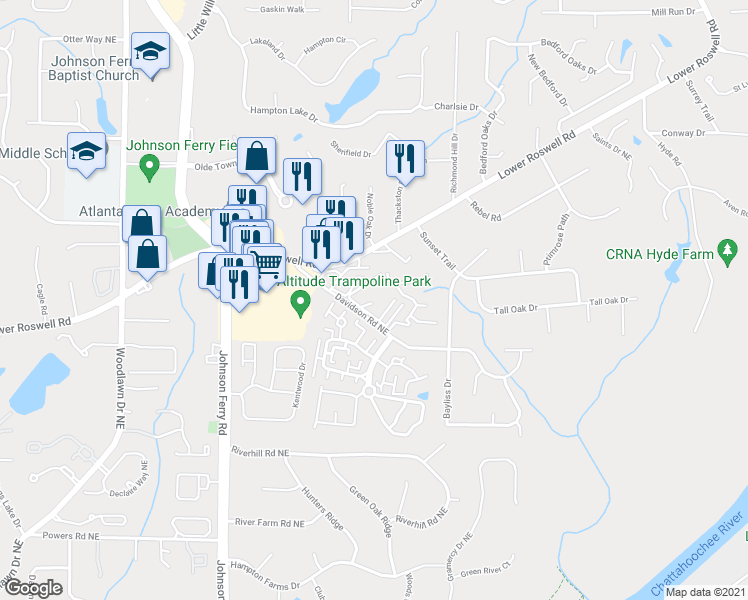 map of restaurants, bars, coffee shops, grocery stores, and more near 672 Highland Court in Marietta