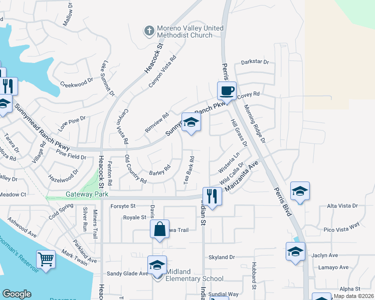 map of restaurants, bars, coffee shops, grocery stores, and more near 24395 Old Country Road in Moreno Valley