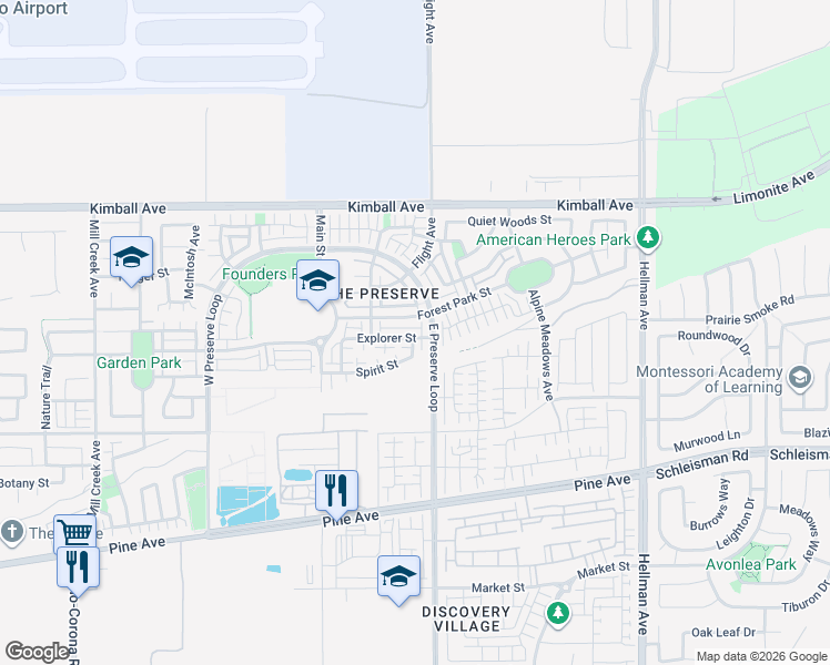 map of restaurants, bars, coffee shops, grocery stores, and more near 8466 Explorer Street in Chino