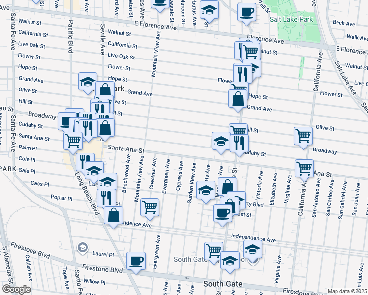 map of restaurants, bars, coffee shops, grocery stores, and more near 3050 Cudahy Street in Huntington Park