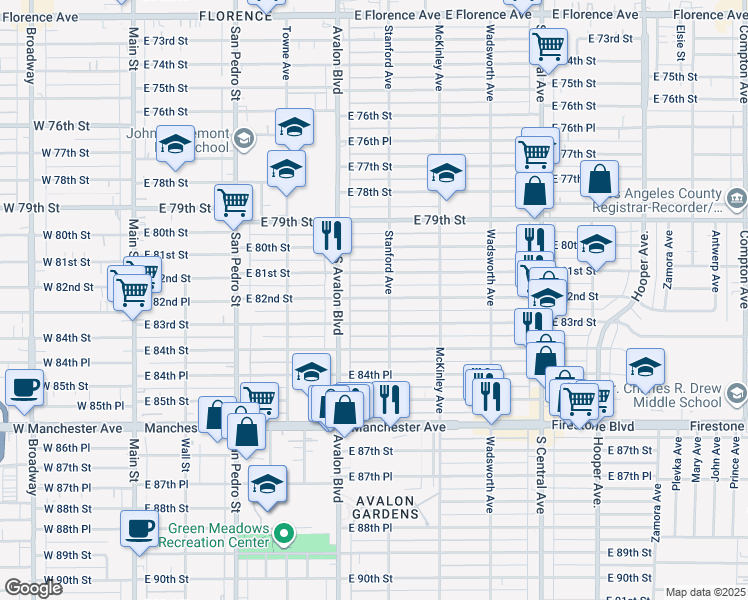 map of restaurants, bars, coffee shops, grocery stores, and more near 652 East 82nd Street in Los Angeles