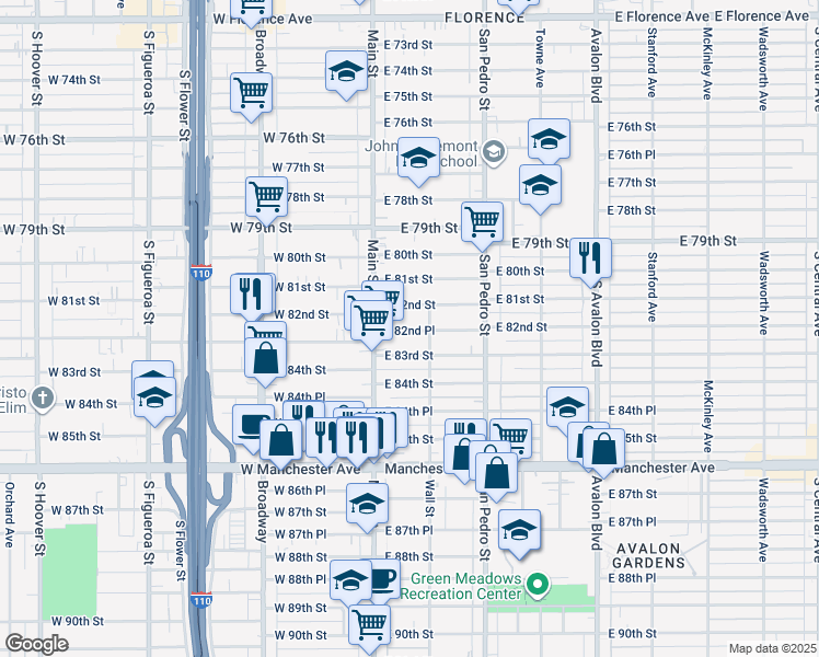 map of restaurants, bars, coffee shops, grocery stores, and more near 152 East 82nd Place in Los Angeles