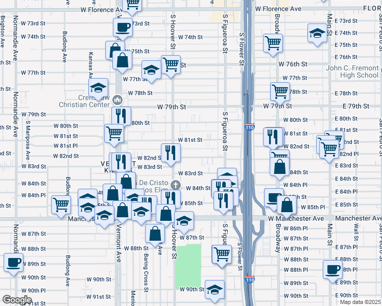 map of restaurants, bars, coffee shops, grocery stores, and more near 641 West 82nd Street in Los Angeles