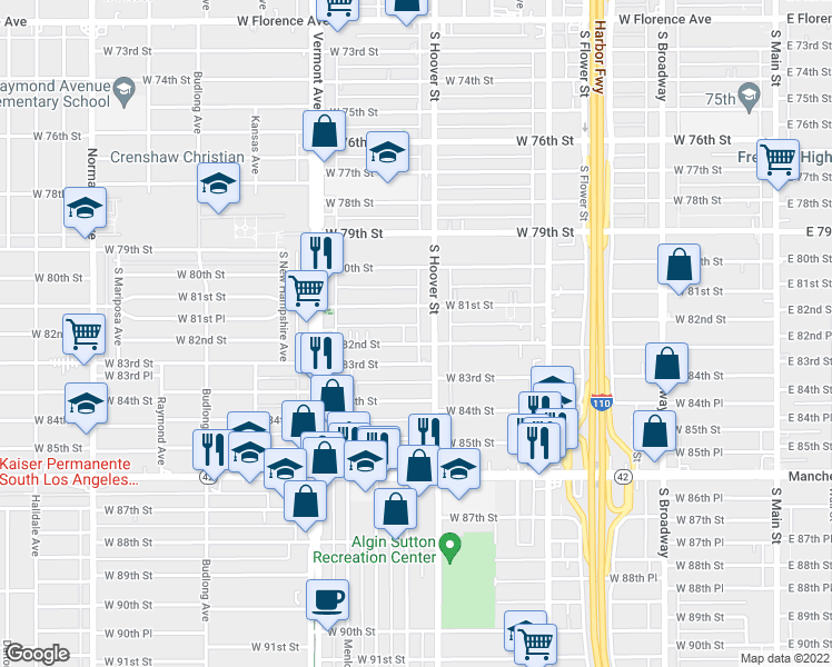 map of restaurants, bars, coffee shops, grocery stores, and more near 835 West 82nd Street in Los Angeles