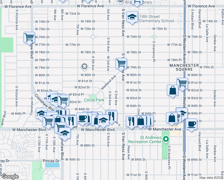 map of restaurants, bars, coffee shops, grocery stores, and more near 8201 South 3rd Avenue in Inglewood