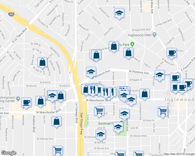 map of restaurants, bars, coffee shops, grocery stores, and more near 631 West Regent Street in Inglewood
