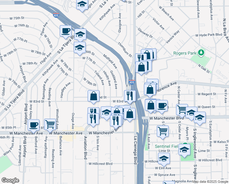 map of restaurants, bars, coffee shops, grocery stores, and more near 7840 Goddard Avenue in Los Angeles