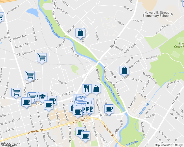 map of restaurants, bars, coffee shops, grocery stores, and more near 86 North Avenue in Athens