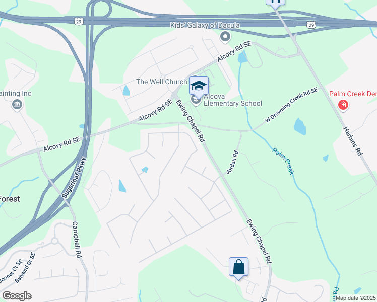 map of restaurants, bars, coffee shops, grocery stores, and more near 2124 Mitford Court in Dacula