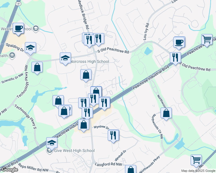 map of restaurants, bars, coffee shops, grocery stores, and more near 3327 Country Club Village Lane in Peachtree Corners