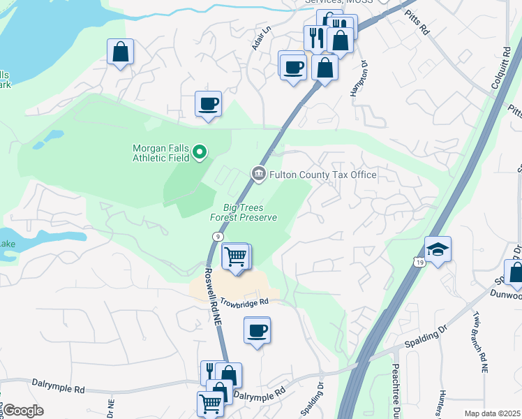 map of restaurants, bars, coffee shops, grocery stores, and more near 7645 Roswell Road in Sandy Springs