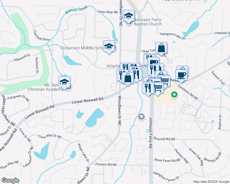 map of restaurants, bars, coffee shops, grocery stores, and more near 4612 Woodlawn Gates Lane in Marietta