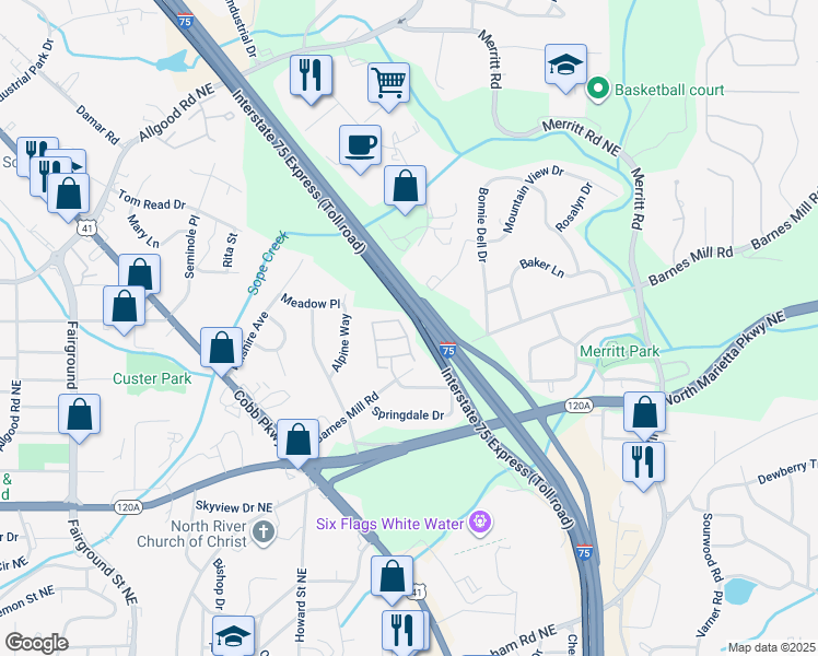 map of restaurants, bars, coffee shops, grocery stores, and more near 701 Glenivy in Marietta