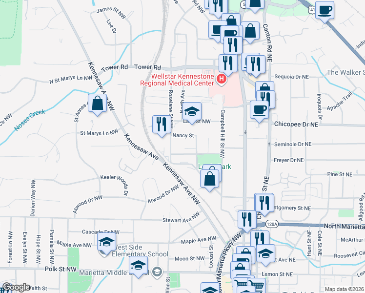 map of restaurants, bars, coffee shops, grocery stores, and more near 124 Olde Marietta Court Northwest in Marietta