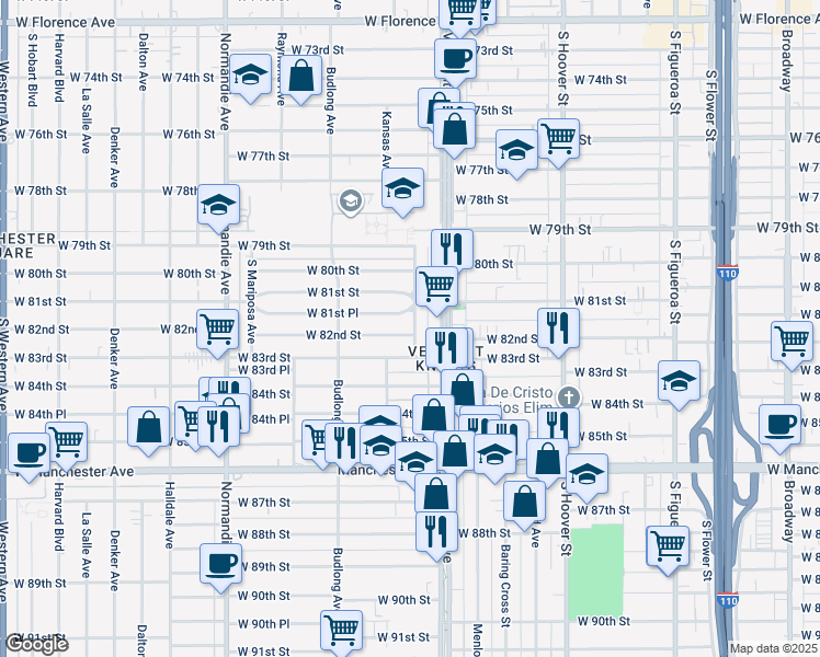map of restaurants, bars, coffee shops, grocery stores, and more near 1031 West 82nd Street in Los Angeles