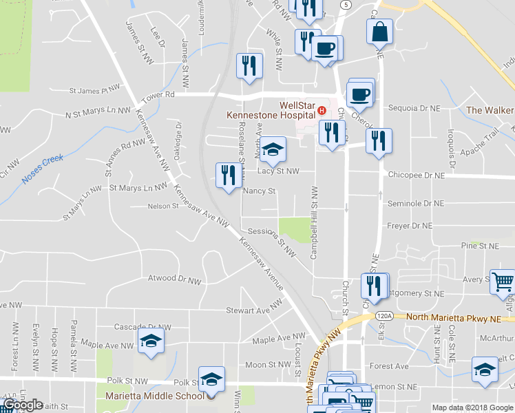 map of restaurants, bars, coffee shops, grocery stores, and more near 124 Olde Marietta Court Northwest in Marietta