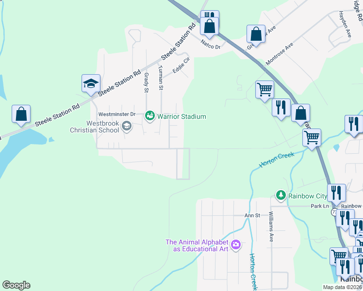 map of restaurants, bars, coffee shops, grocery stores, and more near 718 Westminster Drive in Rainbow City