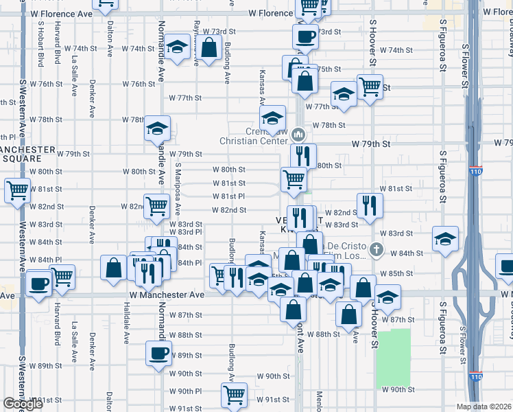 map of restaurants, bars, coffee shops, grocery stores, and more near 1105 West 82nd Street in Los Angeles