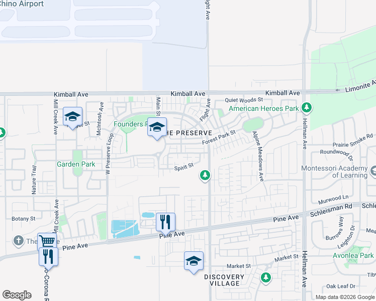 map of restaurants, bars, coffee shops, grocery stores, and more near in Chino