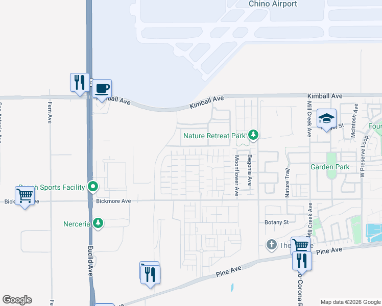 map of restaurants, bars, coffee shops, grocery stores, and more near 7464 Shorthorn Street in Chino