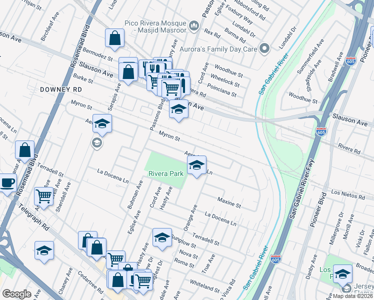 map of restaurants, bars, coffee shops, grocery stores, and more near 9555 Aero Drive in Pico Rivera