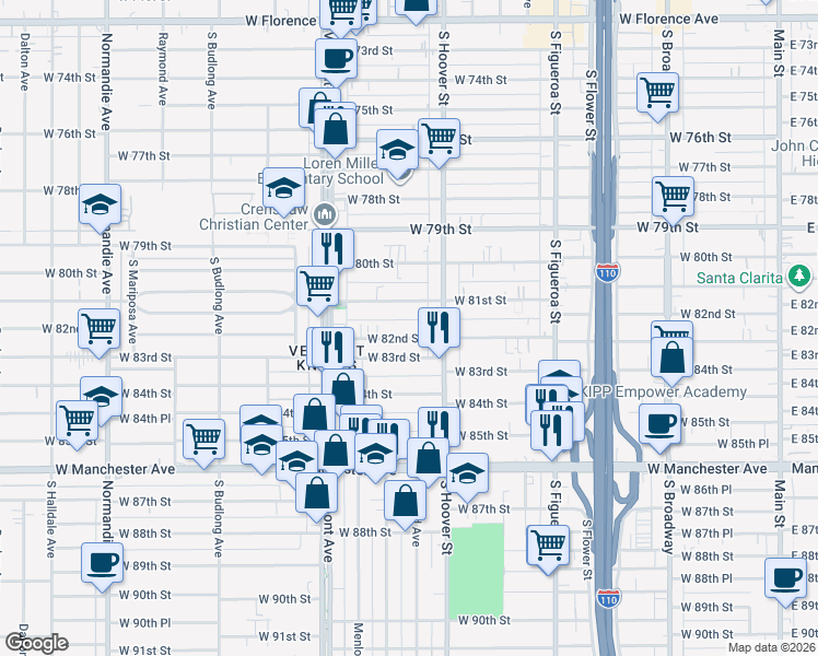 map of restaurants, bars, coffee shops, grocery stores, and more near 835 West 82nd Street in Los Angeles