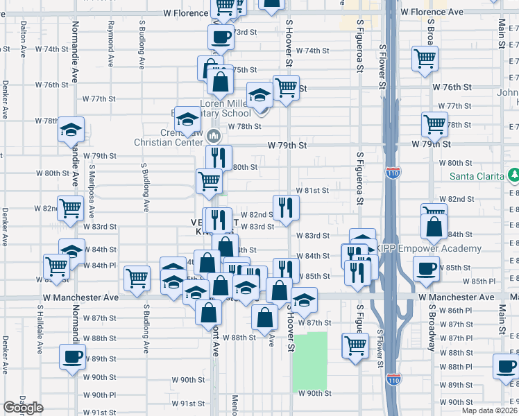 map of restaurants, bars, coffee shops, grocery stores, and more near 835 West 82nd Street in Los Angeles